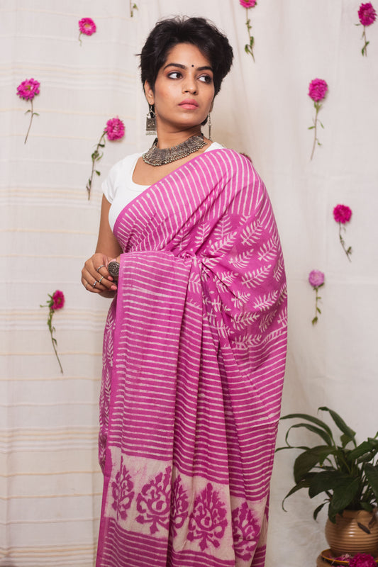 Cotton Mul Bagru Saree Pink Paradise