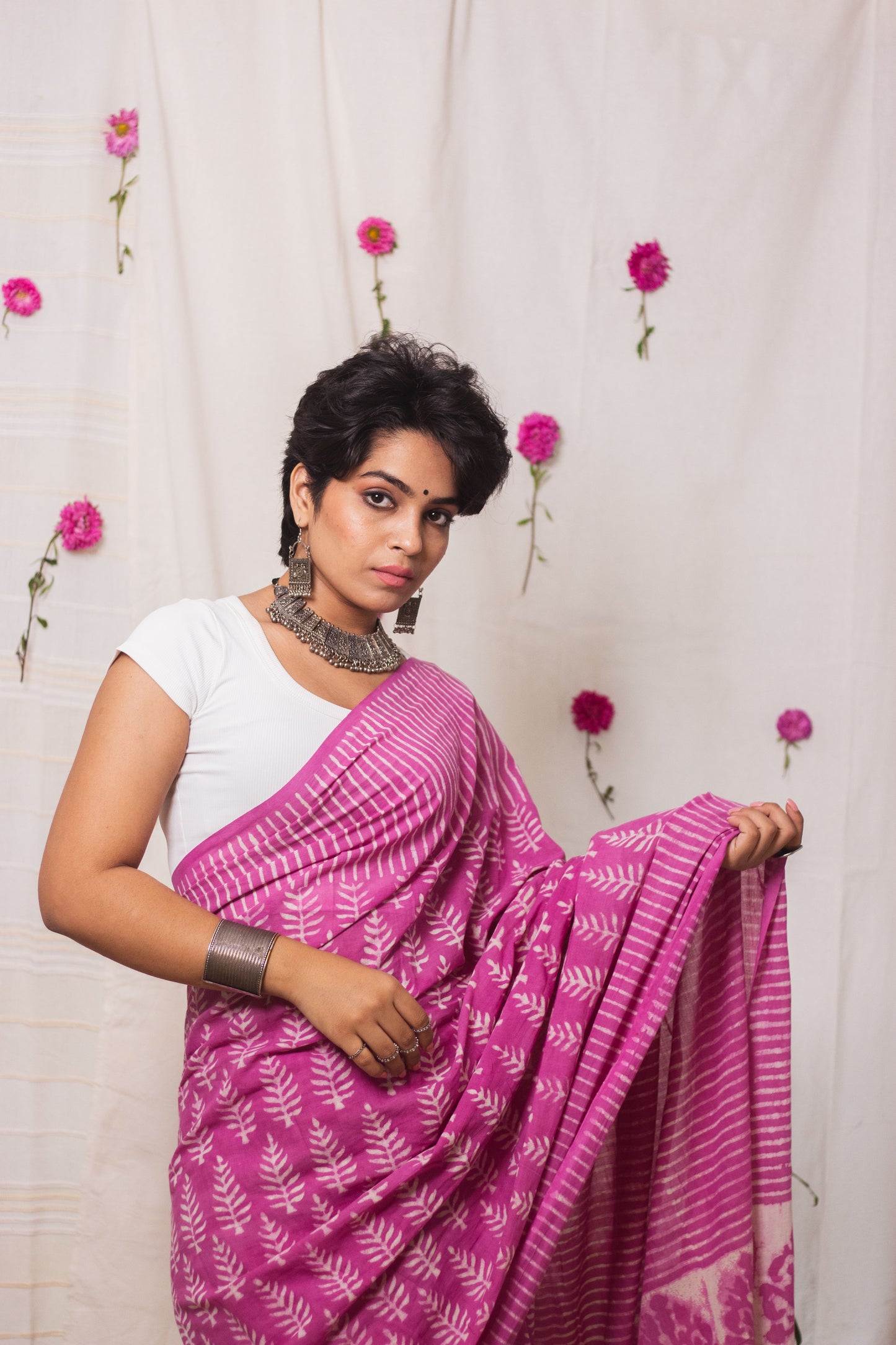 Cotton Mul Bagru Saree Pink Paradise