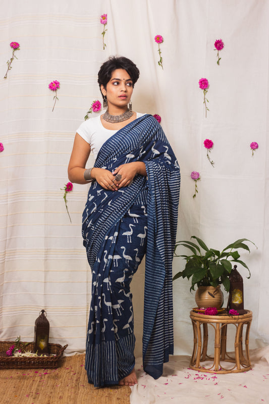 Cotton Mul Bagru Saree Indigo Flamingo