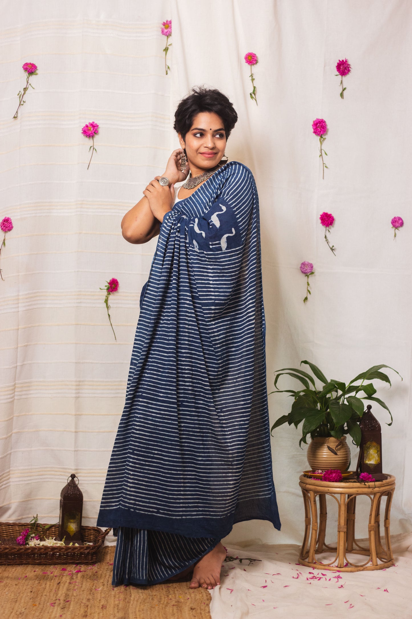 Cotton Mul Bagru Saree Indigo Flamingo