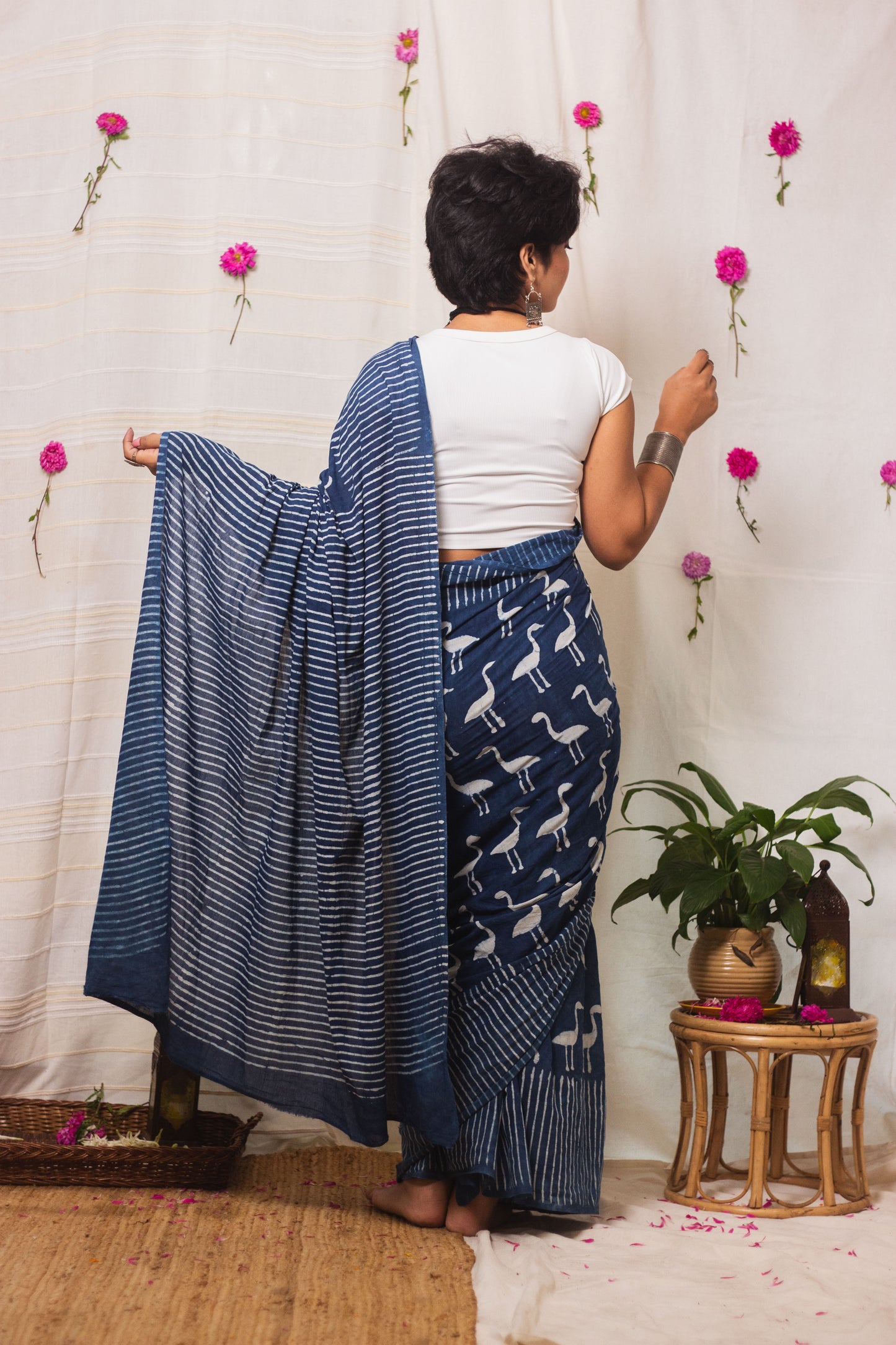 Cotton Mul Bagru Saree Indigo Flamingo