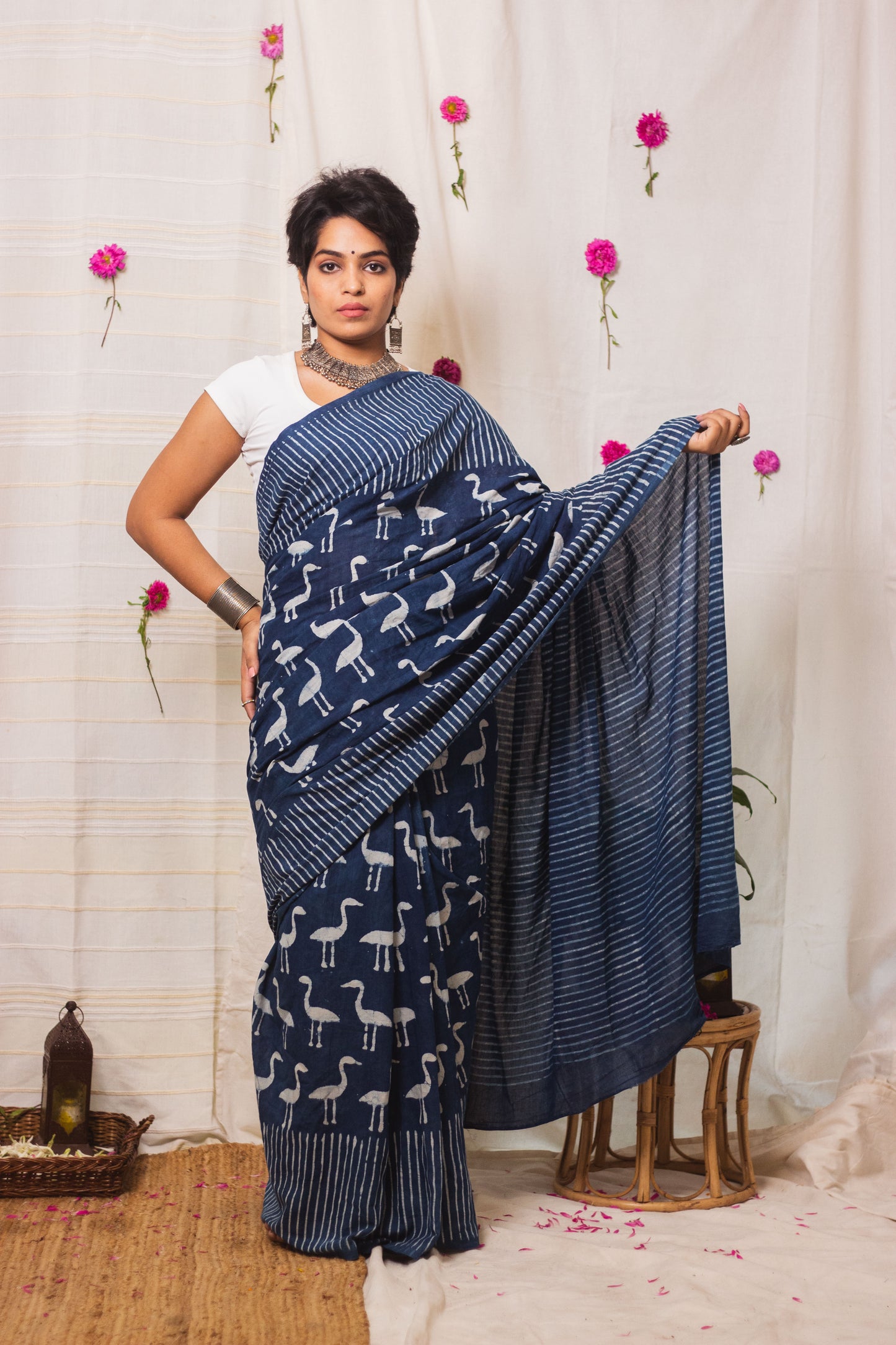 Cotton Mul Bagru Saree Indigo Flamingo