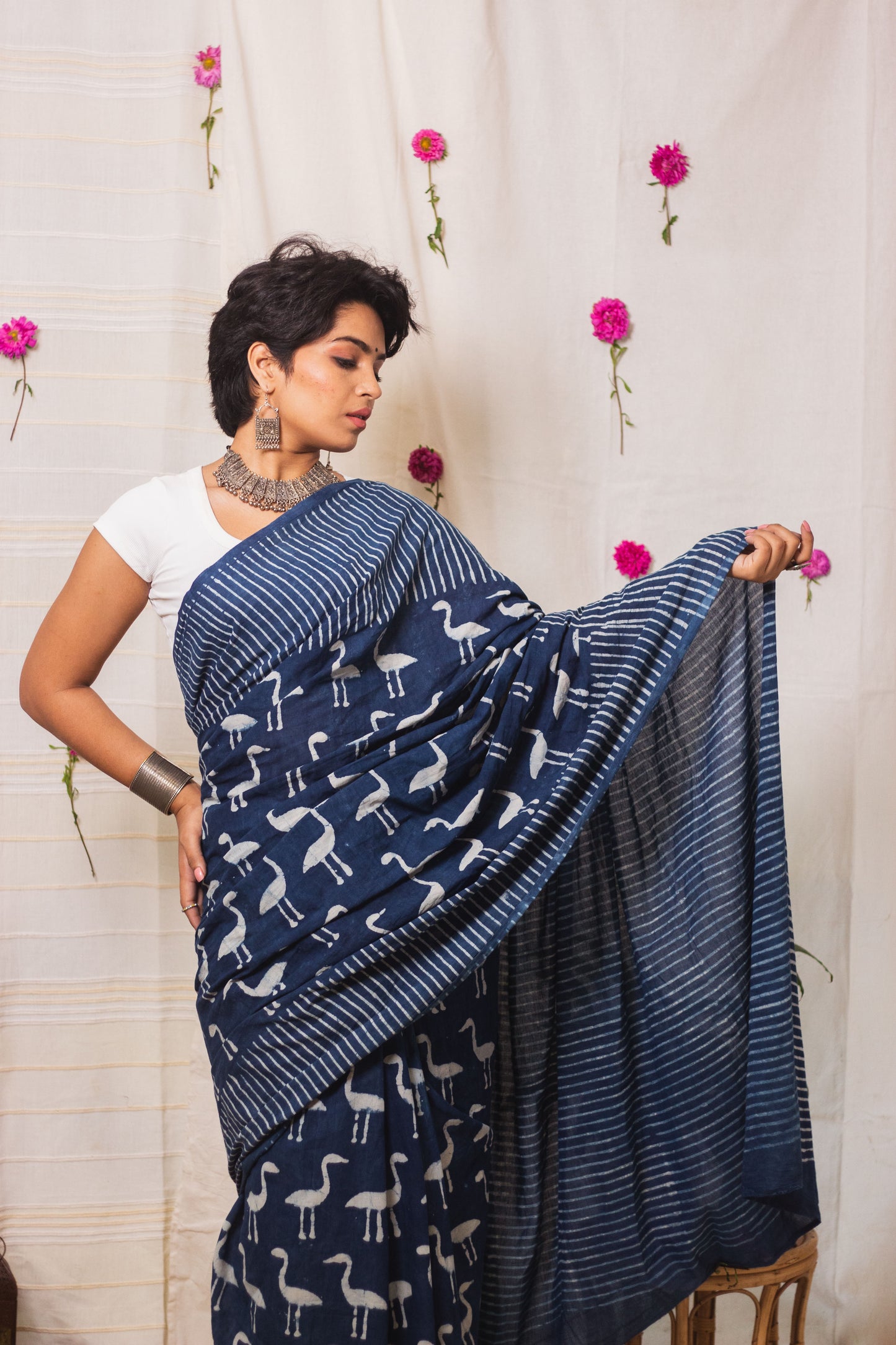 Cotton Mul Bagru Saree Indigo Flamingo