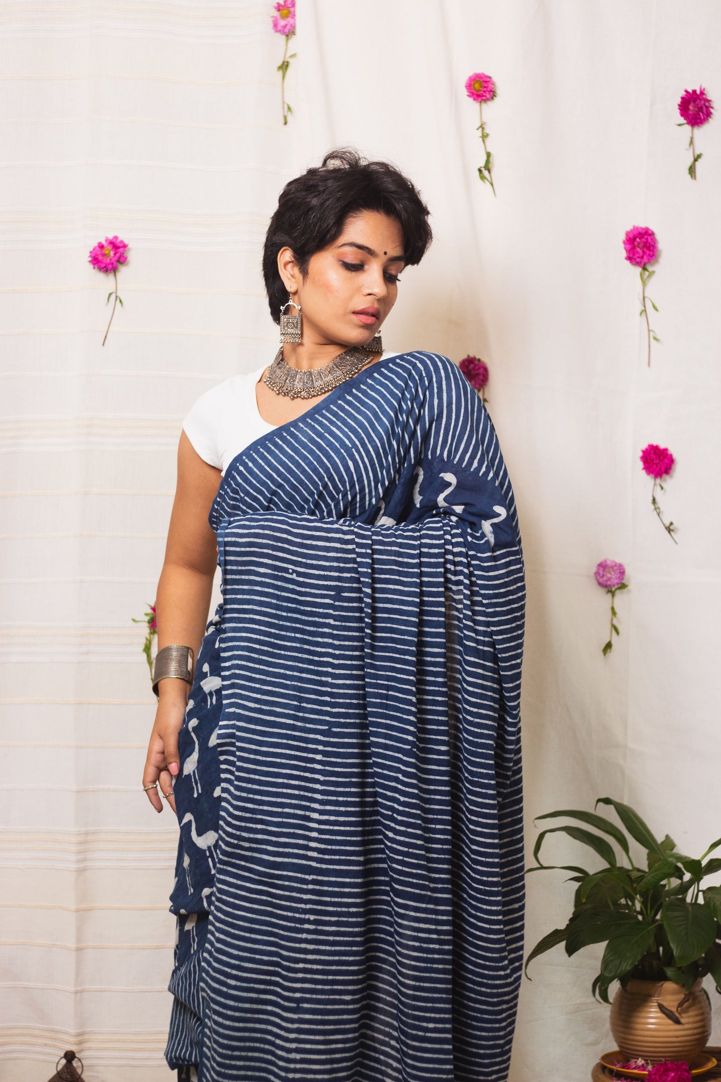 Cotton Mul Bagru Saree Indigo Flamingo