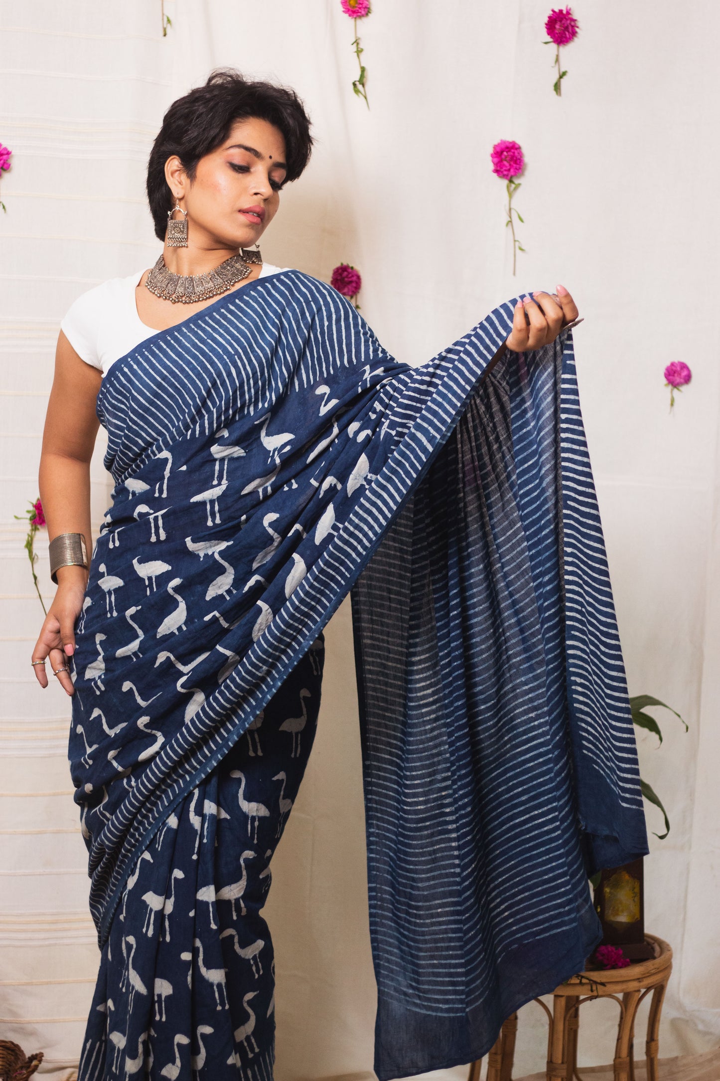 Cotton Mul Bagru Saree Indigo Flamingo