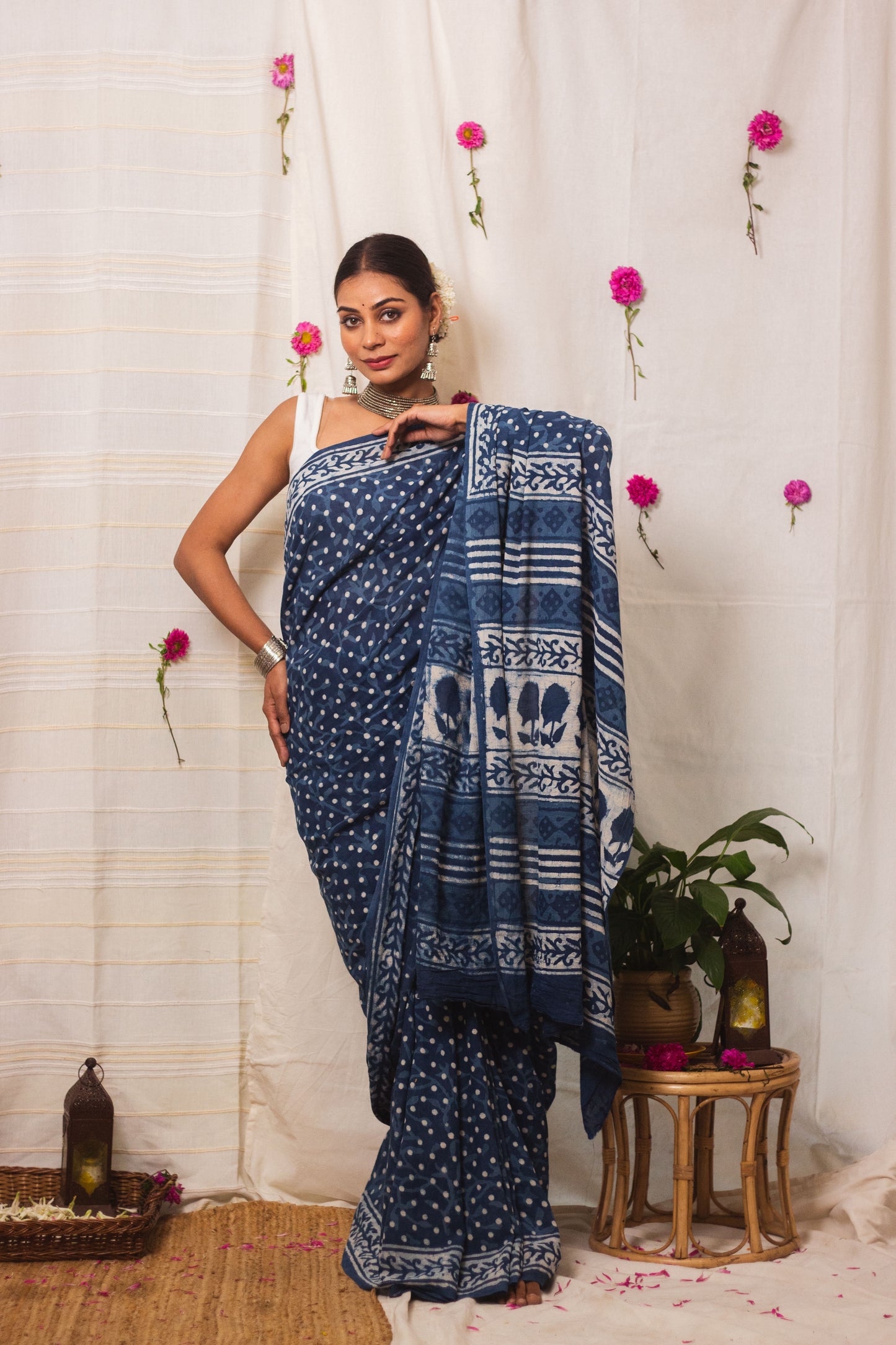 Cotton Mul Bagru Saree Indigo Dots