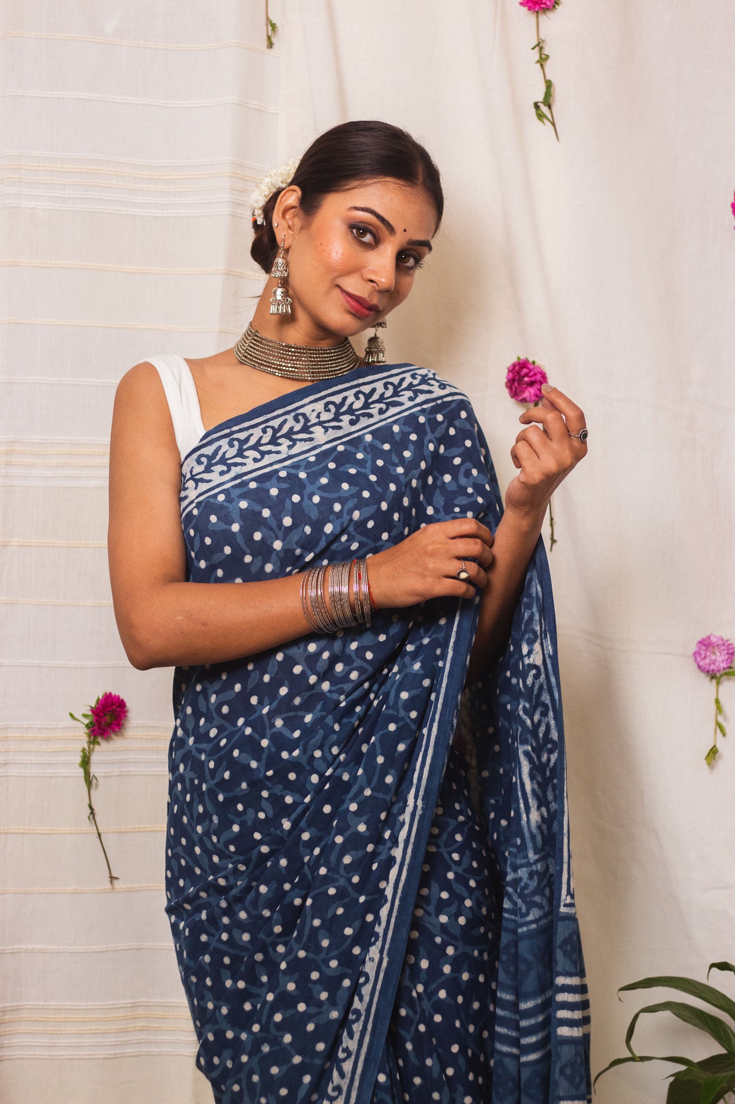 Cotton Mul Bagru Saree Indigo Dots