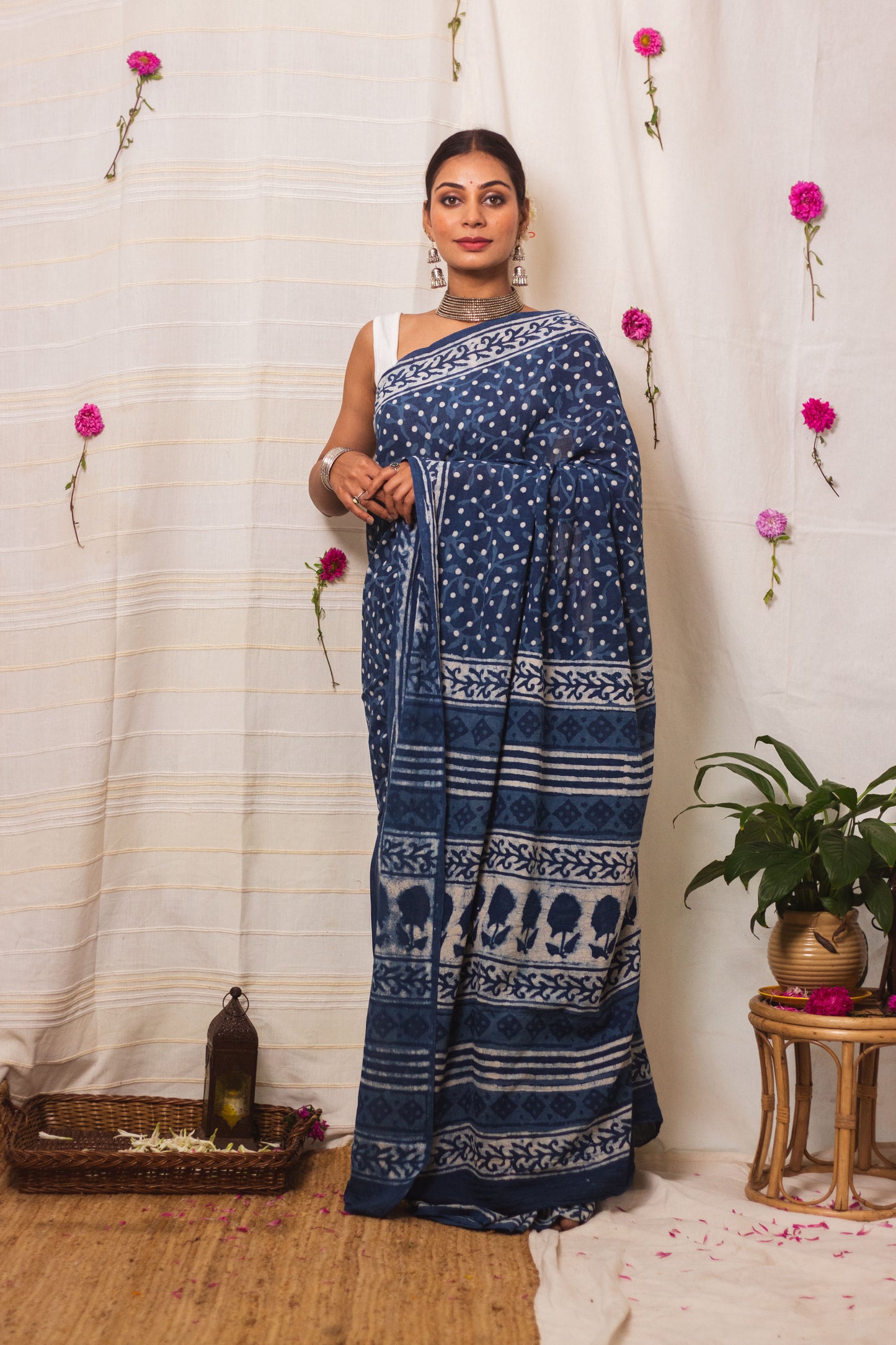 Cotton Mul Bagru Saree Indigo Dots