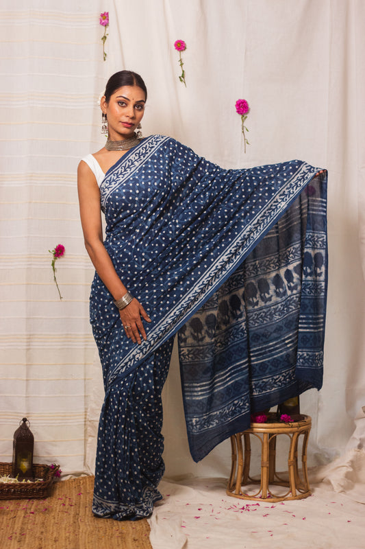 Cotton Mul Bagru Saree Indigo Dots