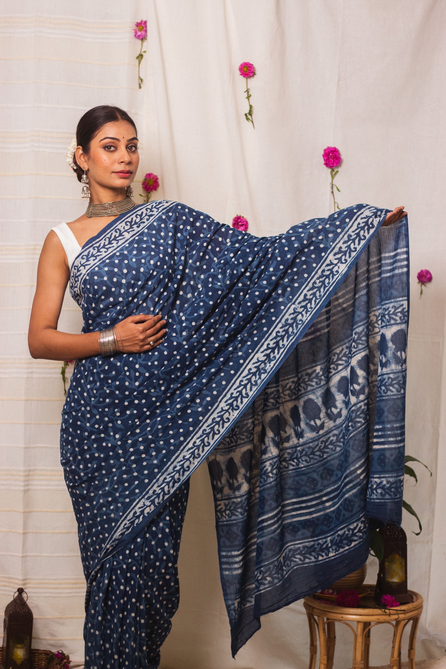 Cotton Mul Bagru Saree Indigo Dots