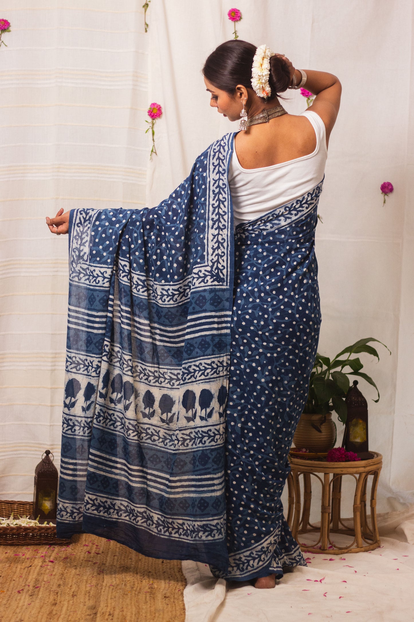 Cotton Mul Bagru Saree Indigo Dots