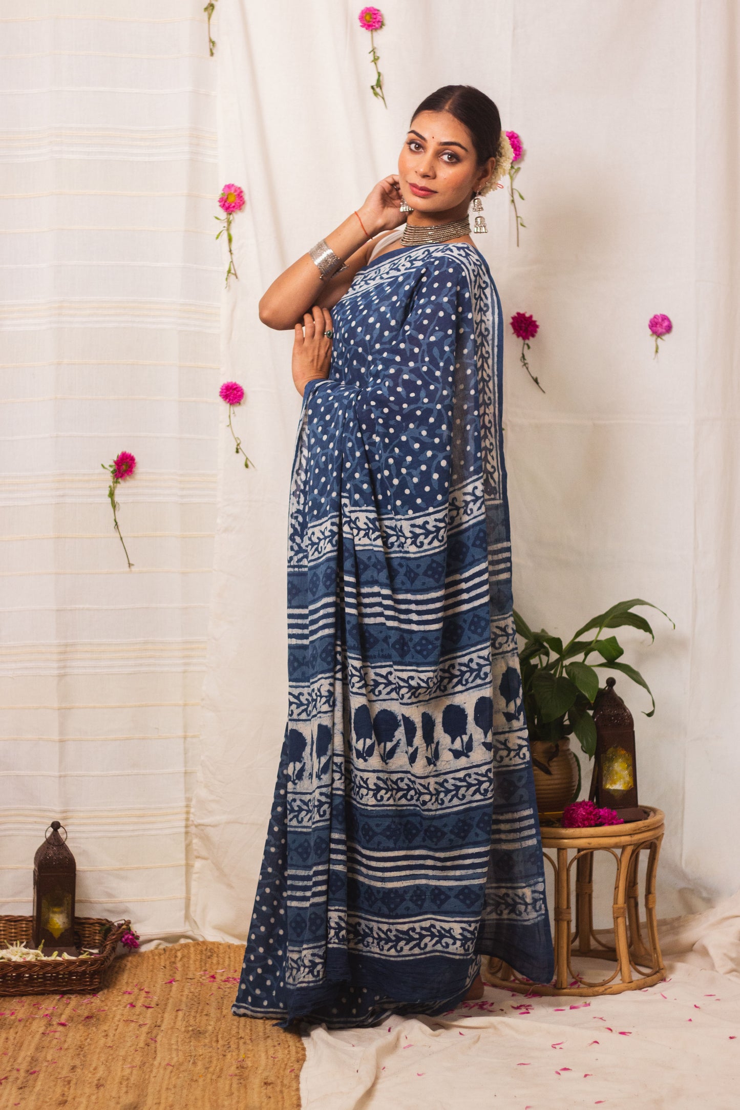 Cotton Mul Bagru Saree Indigo Dots