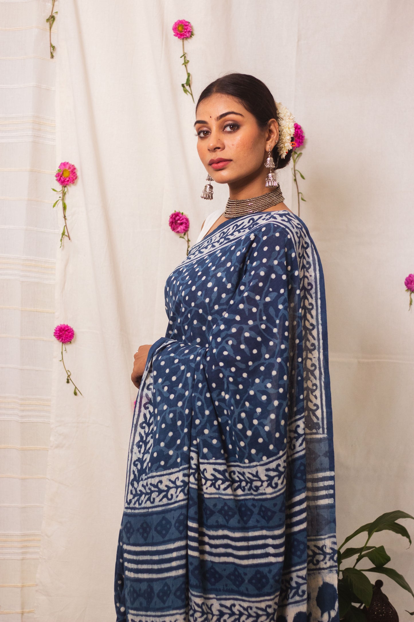 Cotton Mul Bagru Saree Indigo Dots