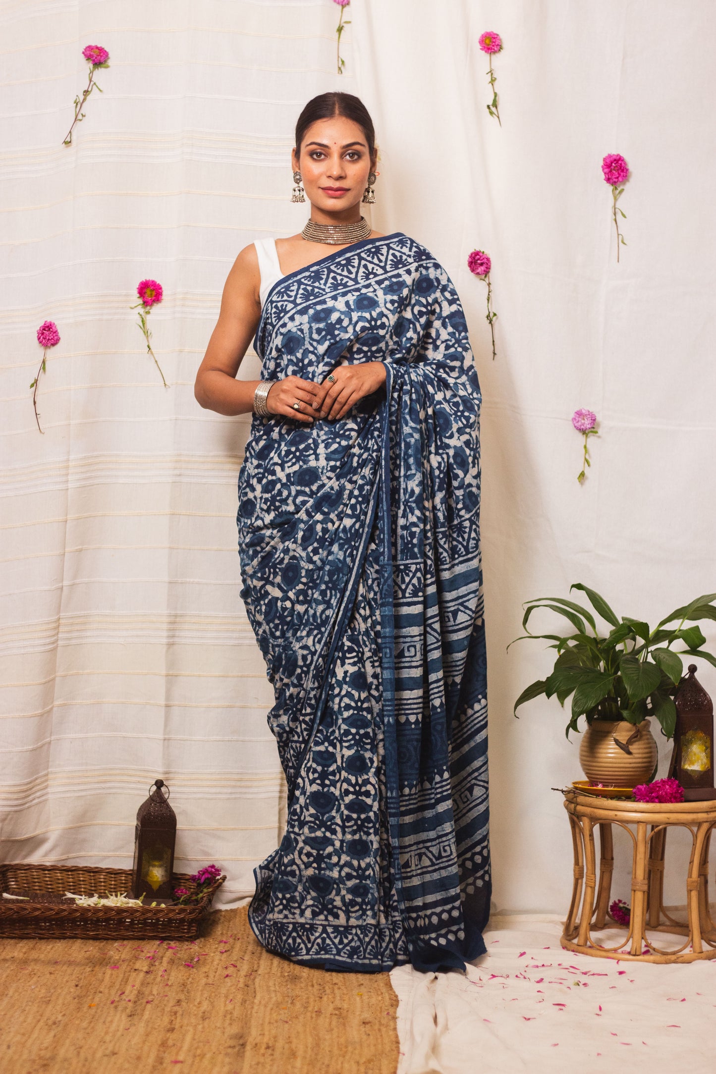 Cotton Mul Bagru Saree Indigo Blue Meadow