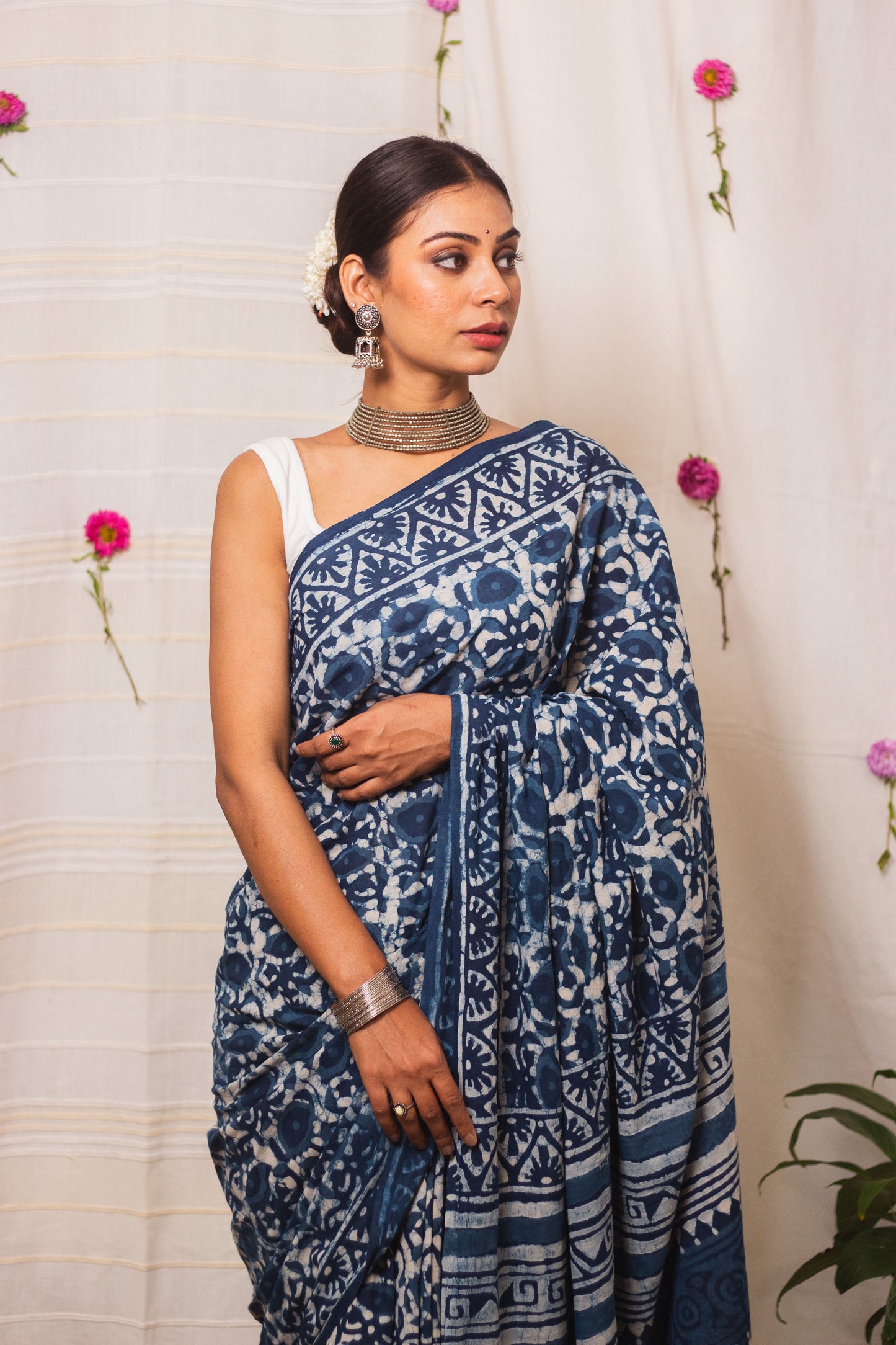 Cotton Mul Bagru Saree Indigo Blue Meadow