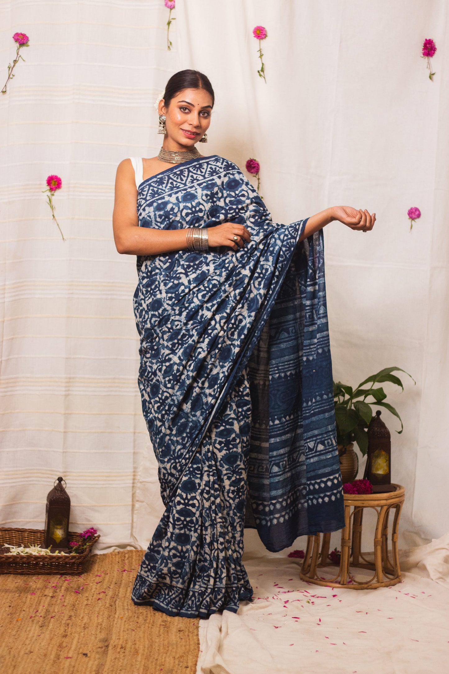 Cotton Mul Bagru Saree Indigo Blue Meadow