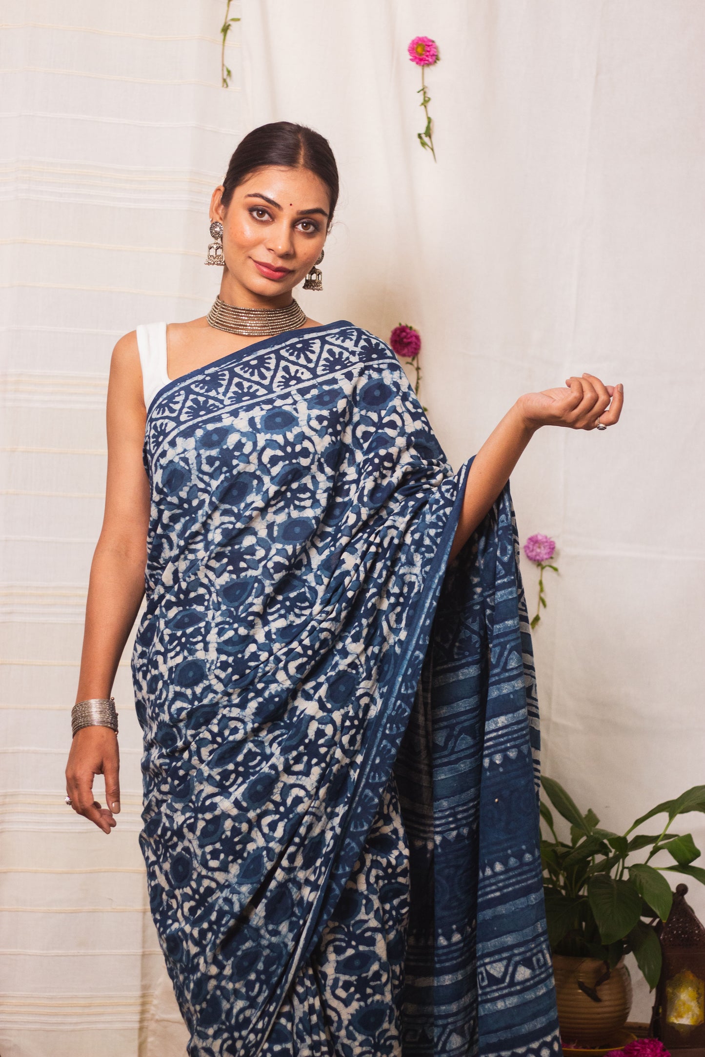 Cotton Mul Bagru Saree Indigo Blue Meadow