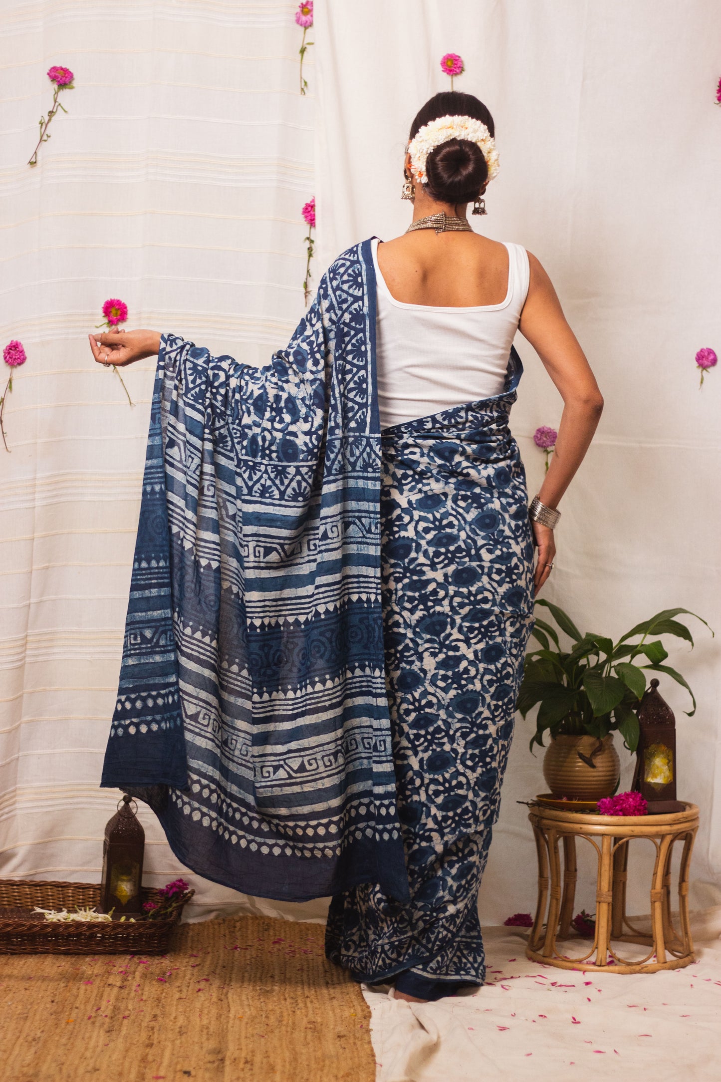 Cotton Mul Bagru Saree Indigo Blue Meadow