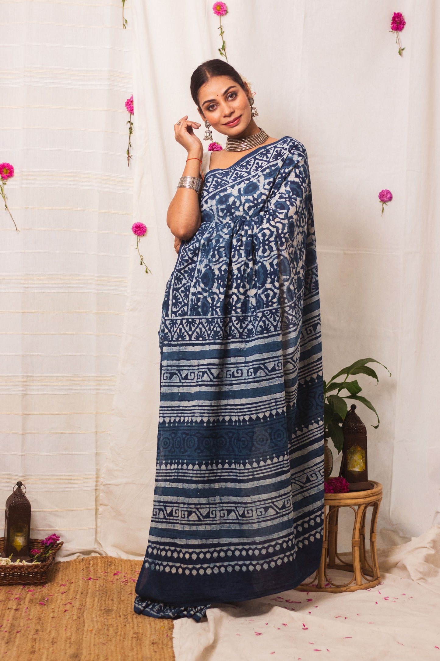 Cotton Mul Bagru Saree Indigo Blue Meadow