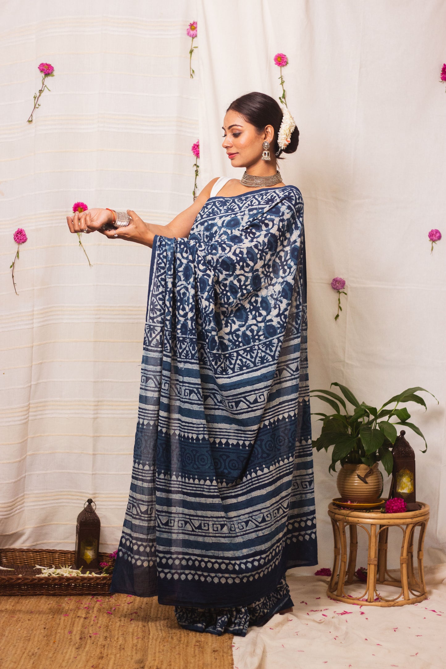 Cotton Mul Bagru Saree Indigo Blue Meadow