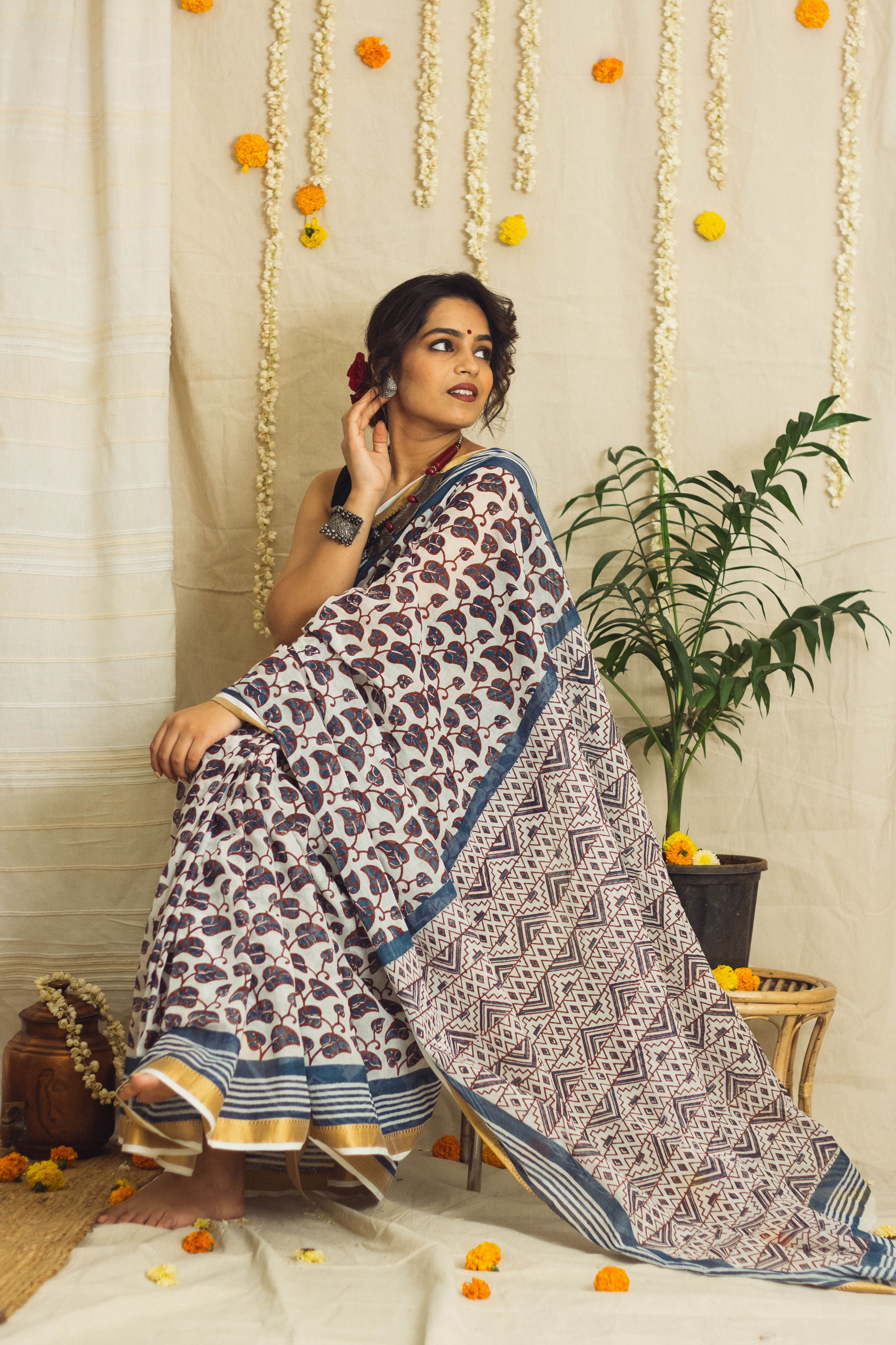 Handblock Printed Natural Dyed Ajrakh Mull Cotton Saree – Chakori Ethnic