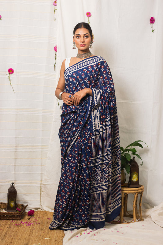 Cotton Mul Bagru Saree Indigo Ruby Bloom