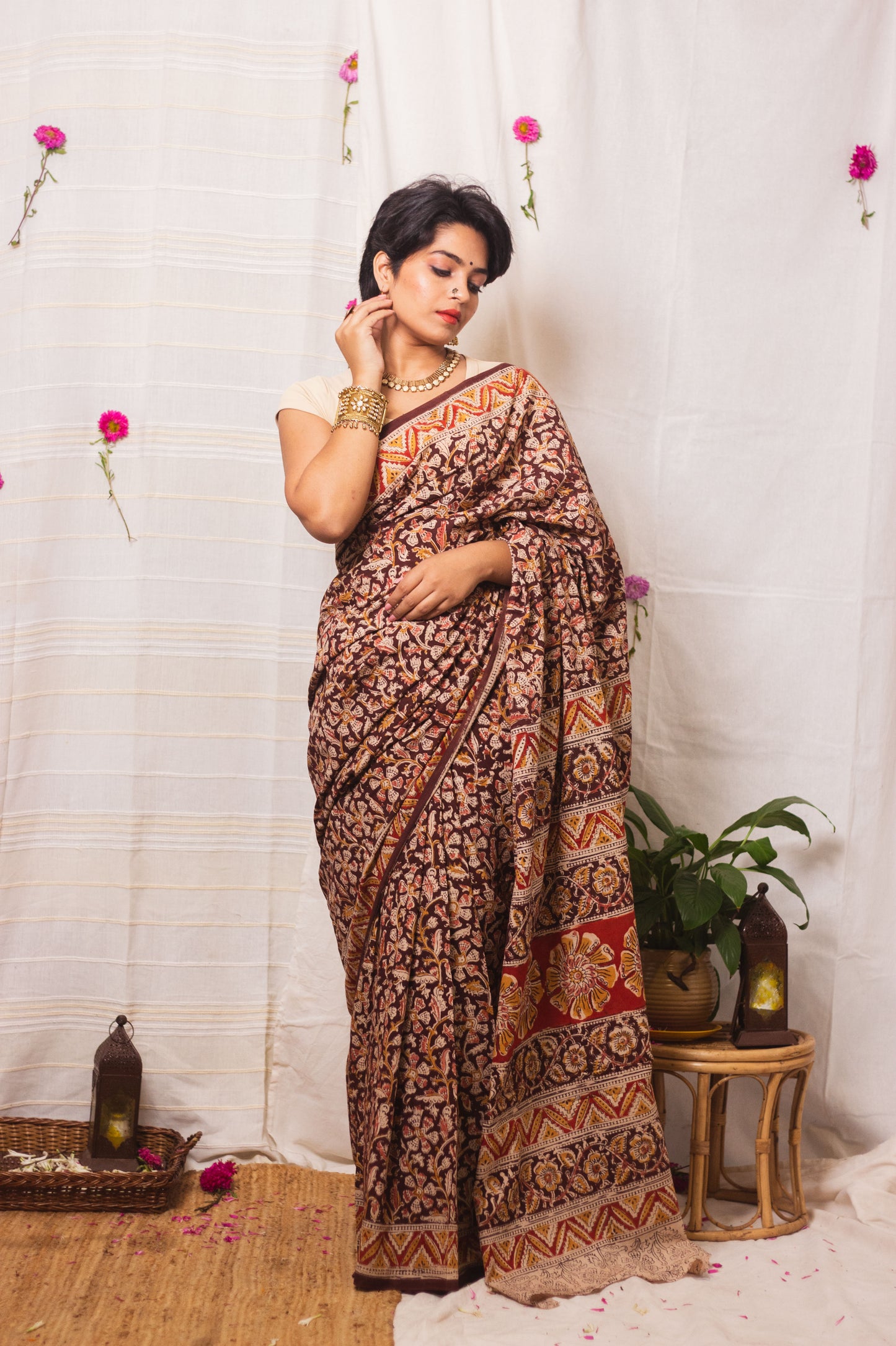 Mul Cotton Block Printed Saree Kalamkari Vrindavan