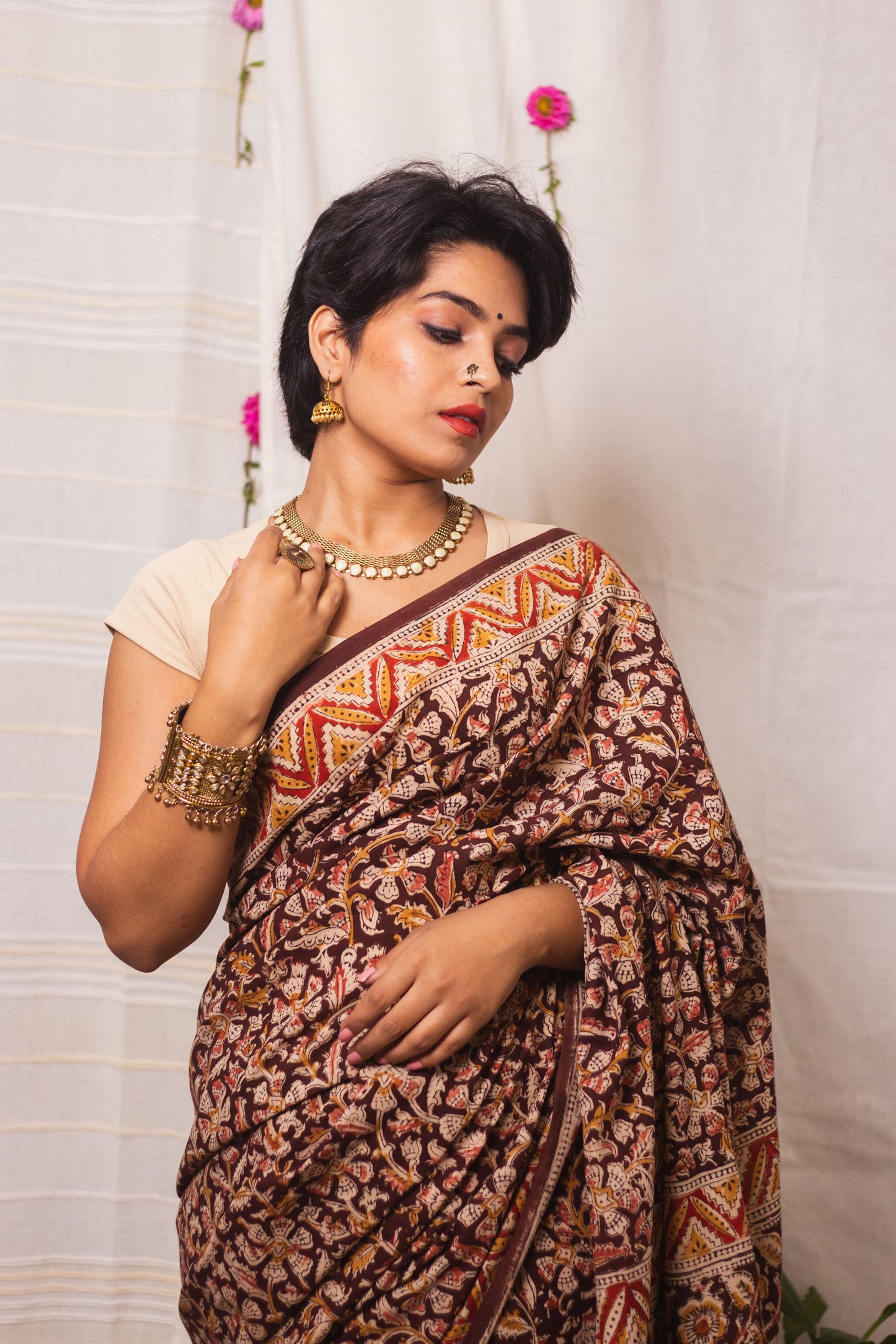 Mul Cotton Block Printed Saree Kalamkari Vrindavan