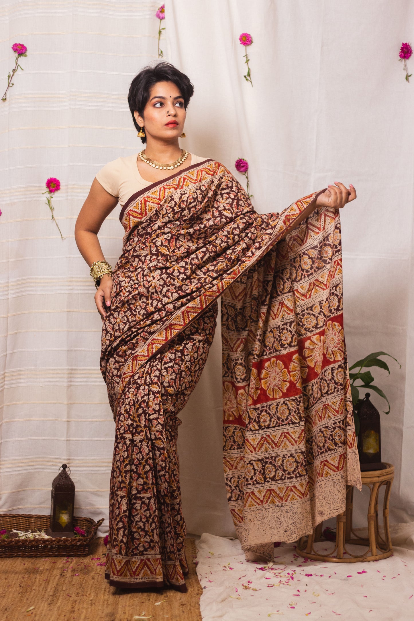 Mul Cotton Block Printed Saree Kalamkari Vrindavan