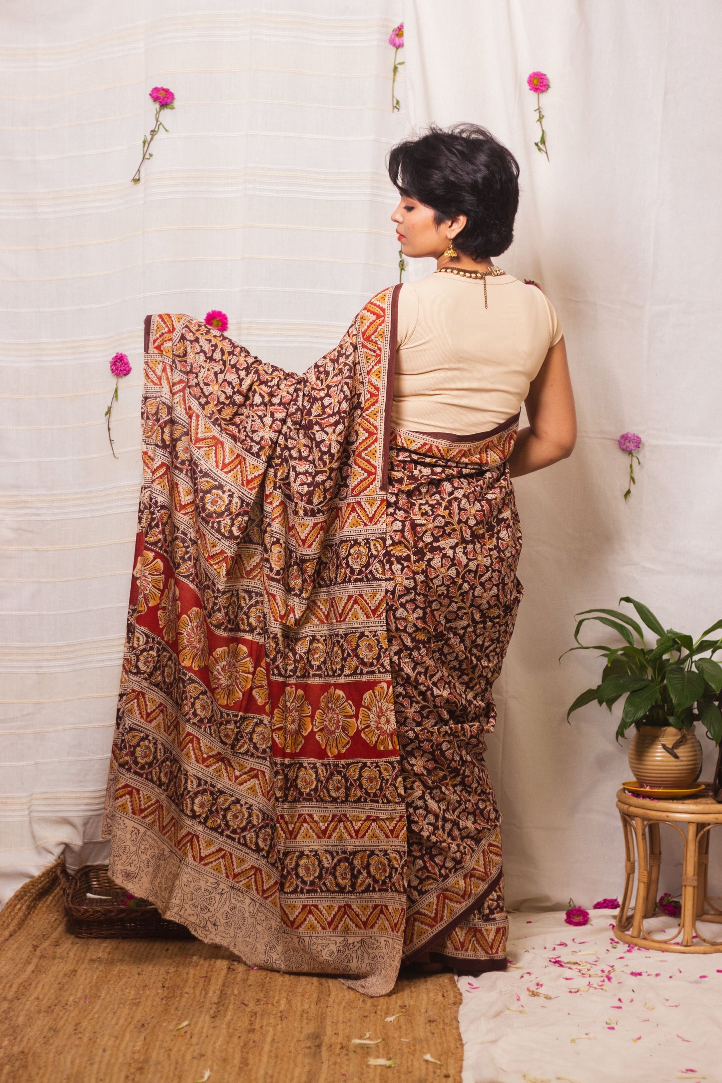 Mul Cotton Block Printed Saree Kalamkari Vrindavan