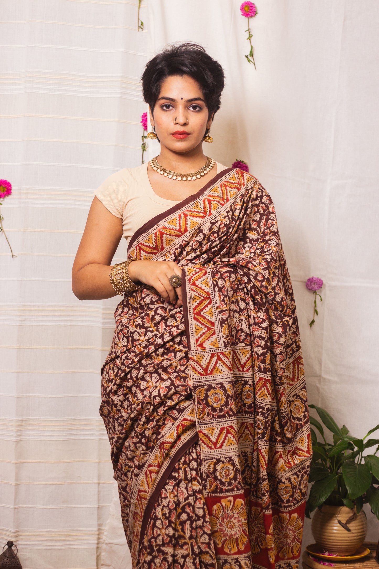 Mul Cotton Block Printed Saree Kalamkari Vrindavan