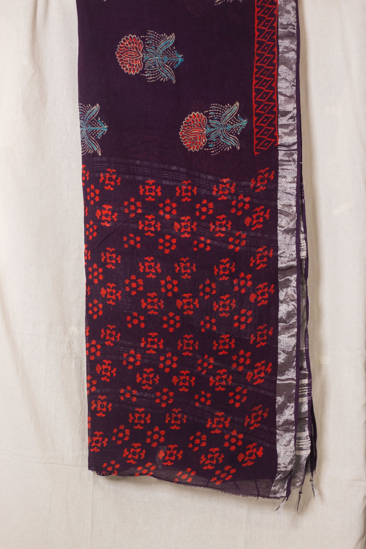 Linen Cotton Bagru Saree Purple Blossom