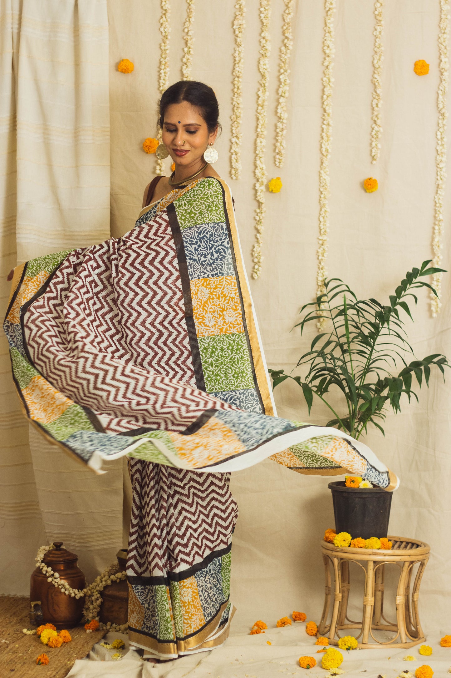 Mul Cotton Block Printed Saree • Patchwork borders