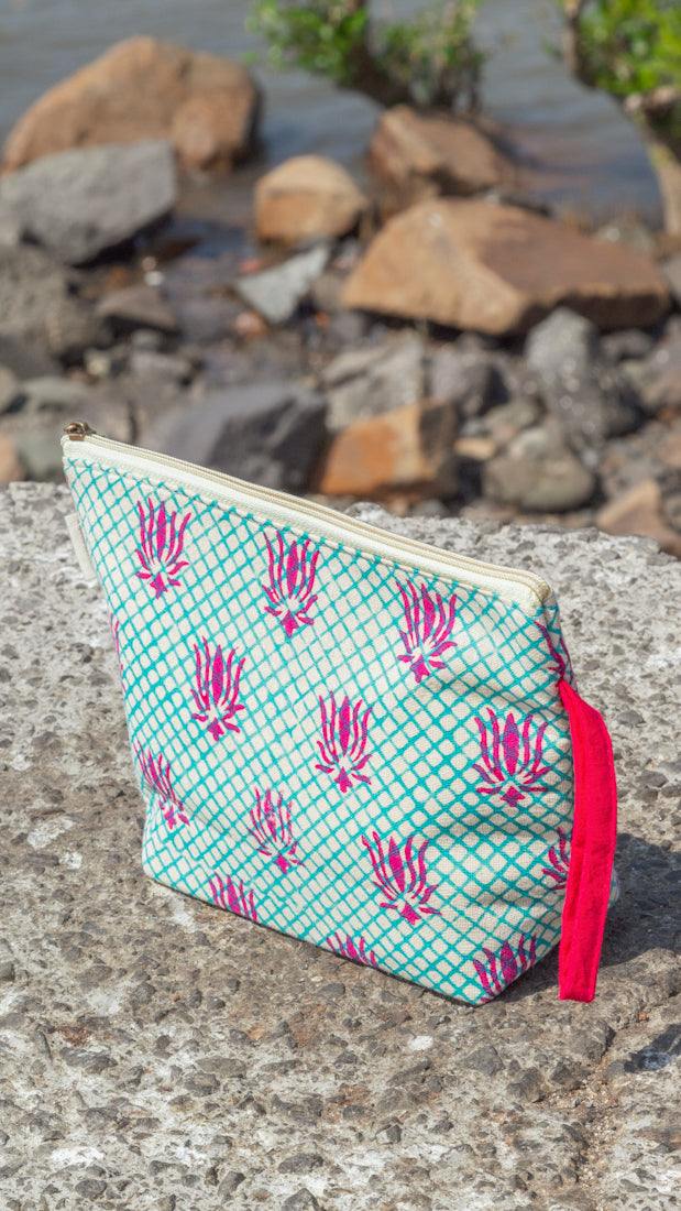 Cotton Pouch • Teal and Pink • Lotus Motif