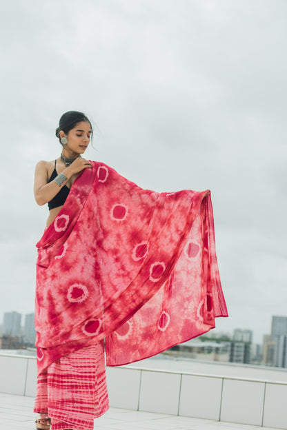Mul Cotton Tie Dye Hand Block Printed Saree • Wine Magic