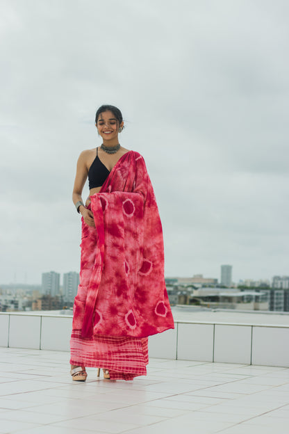 Mul Cotton Tie Dye Hand Block Printed Saree • Wine Magic