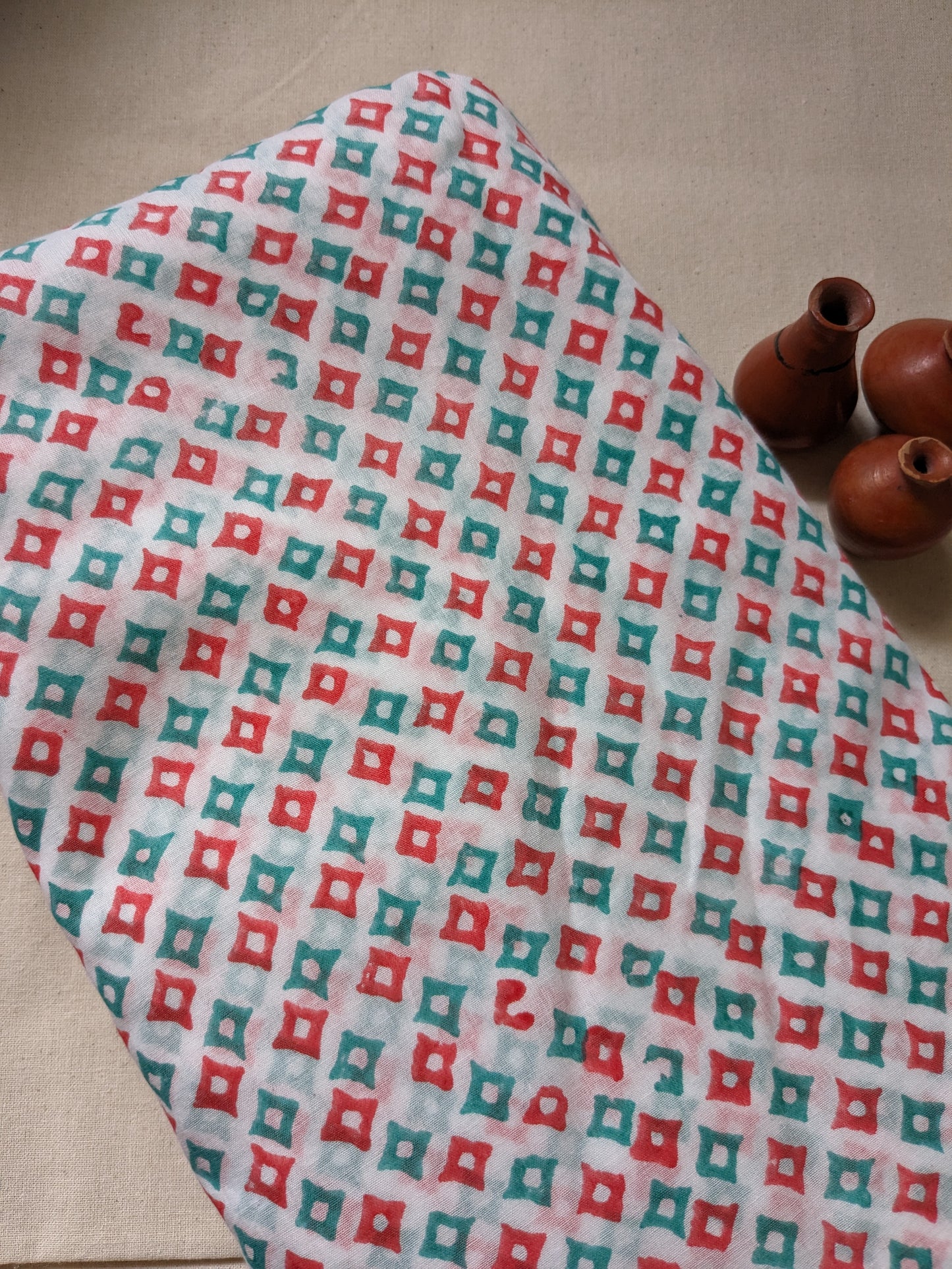 Cotton Mulmul Hand Block Printed Fabrics by meter Coral and Teal Diamonds