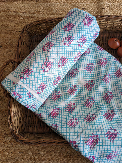 Cotton Mulmul Hand Block Printed Fabrics by meter Lotus Motif Teal and Pink