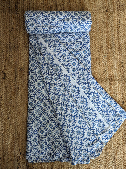 Cotton Mulmul Hand Block Printed Fabrics by meter Mughal Jaal Blue