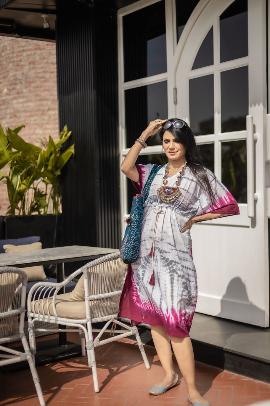 Cotton Mulmul Tie Dye Kaftan Dress · Wine in Steel