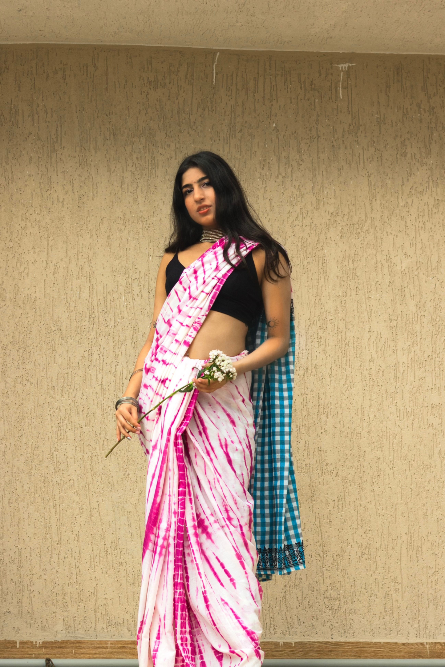 Mul Cotton Tie Dye Hand Block Printed Saree • Shaded Orchids