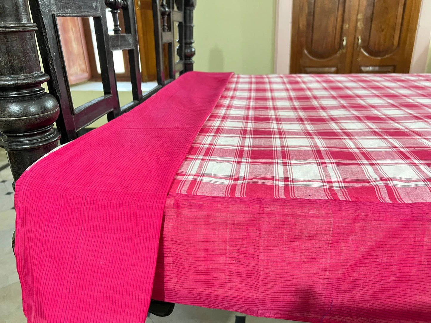 Maroon Double Checks, handloom cotton single bedsheet (no pillow covers)