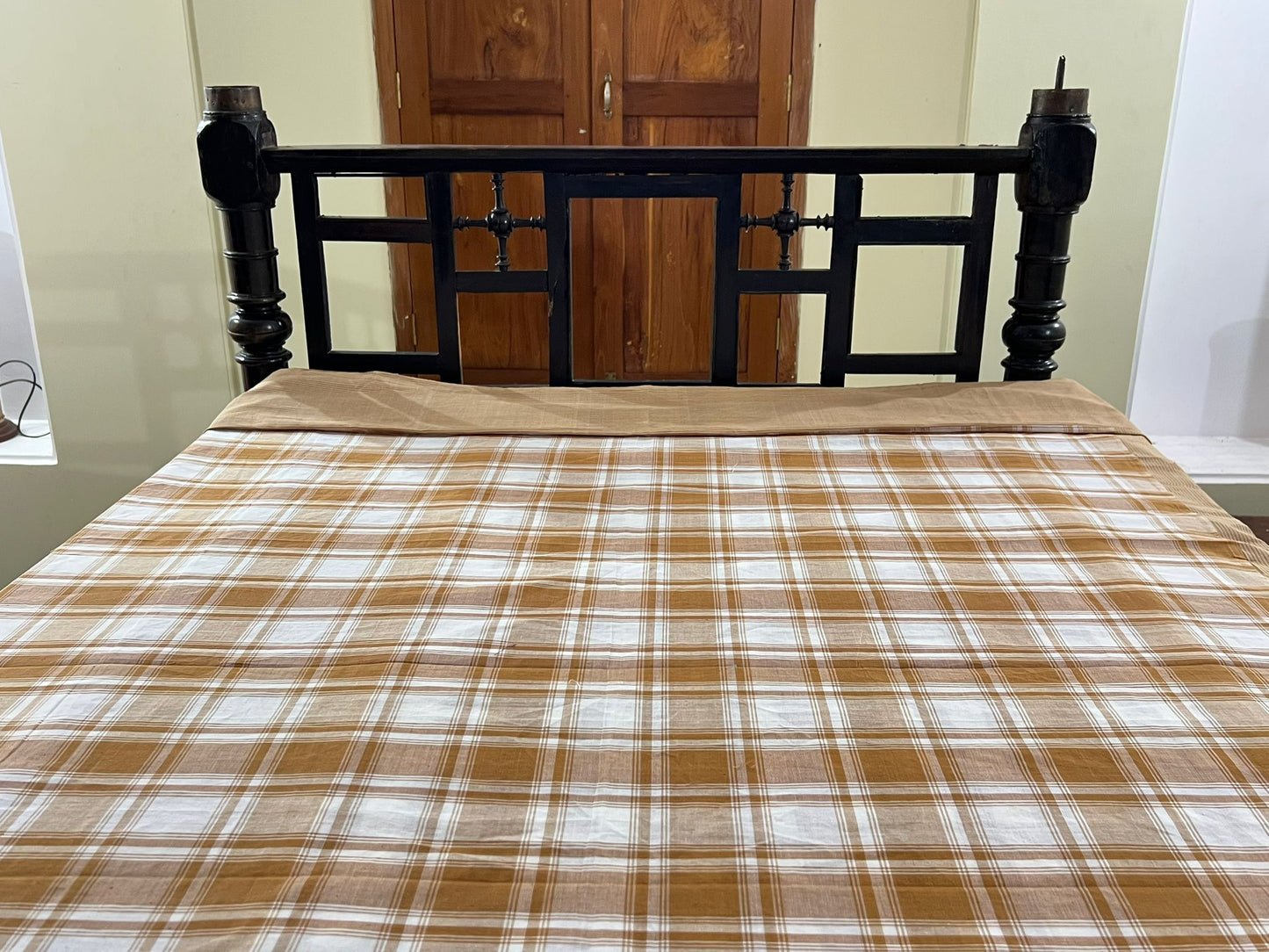 Coffee Checks, handloom cotton single bedsheet (no pillow covers)